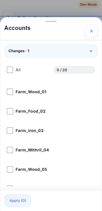 Select accounts before applying. This example shows the picker before any accounts are selected.